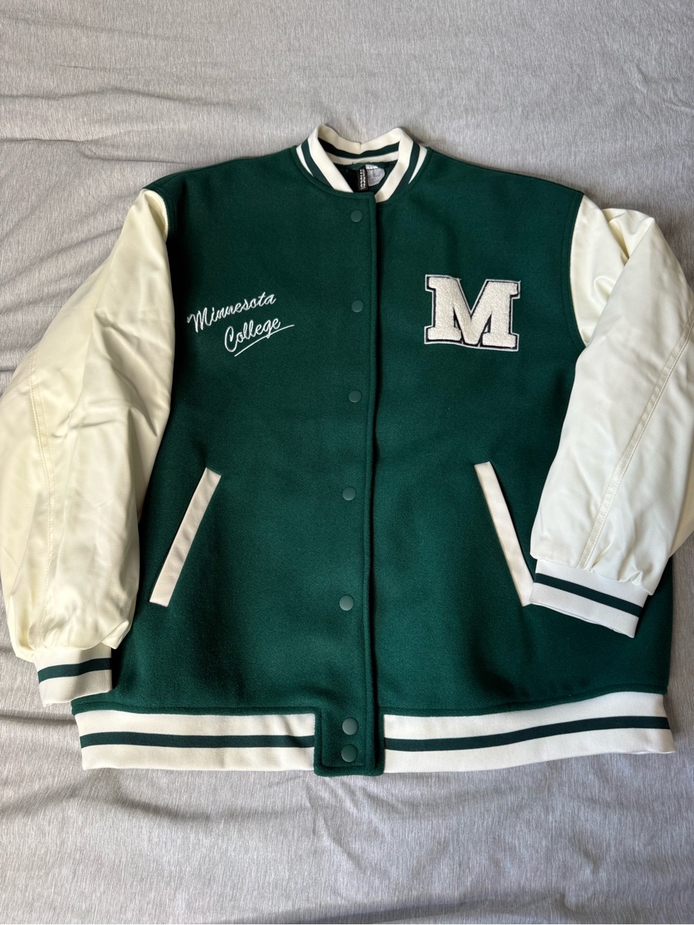 H&M Minnesota College Green & Cream Varsity Jacket